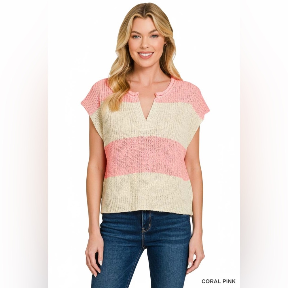 Zenana Split Neck Sleeveless Stripe Sweater